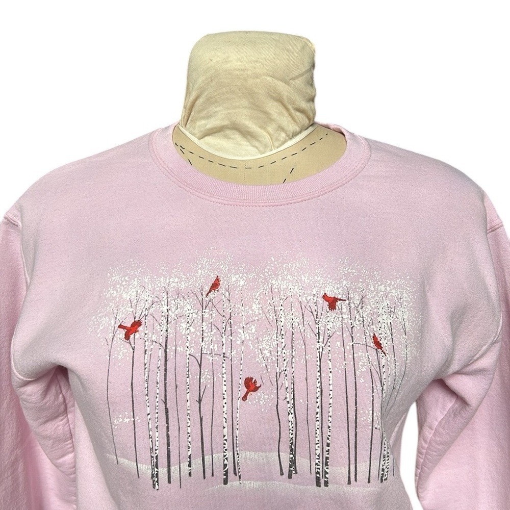 Vintage Ugly Christmas Sweater Pink/Red Cardinals‎ Snow Trees Feminine Holiday S